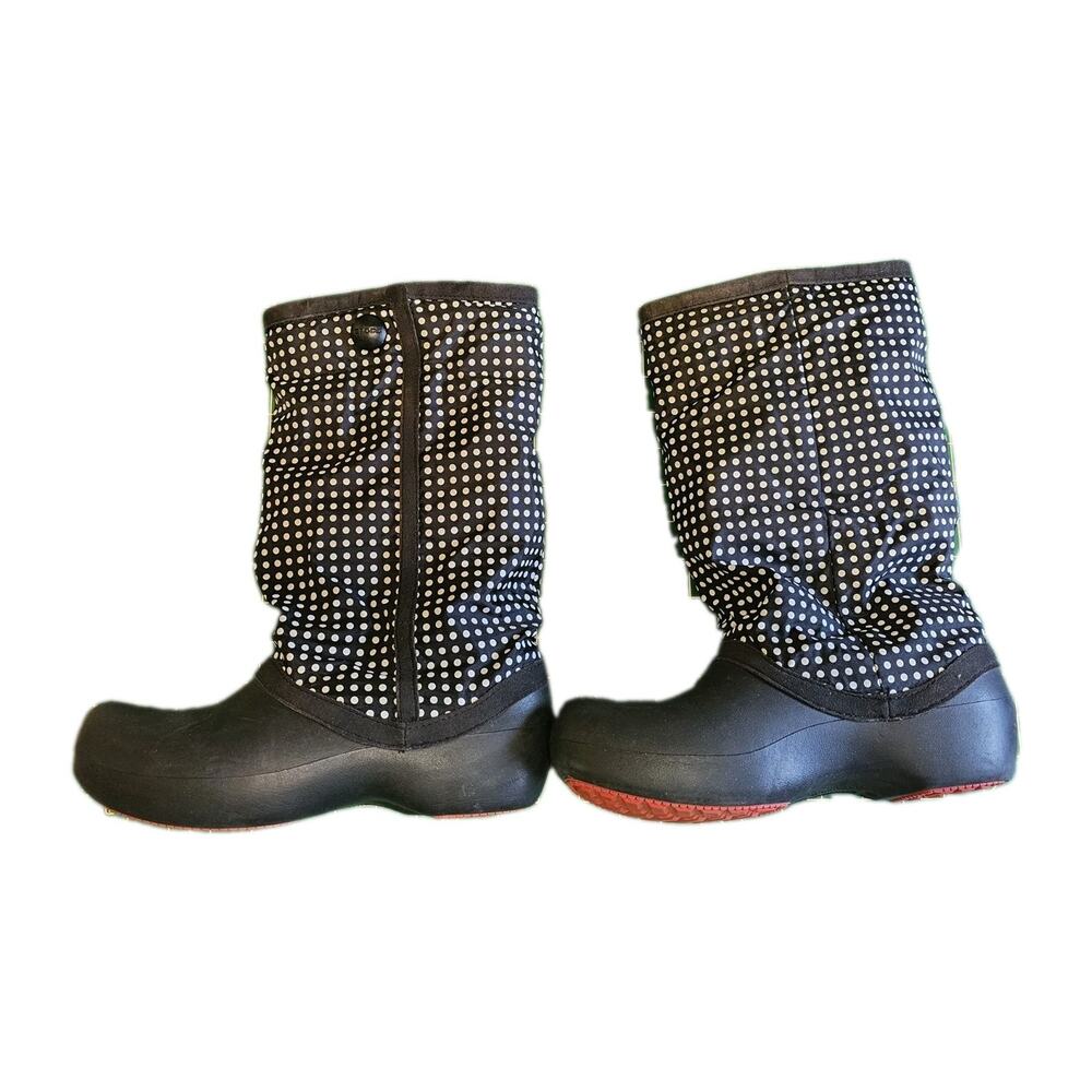 Crocs Claire Winter Boots Womens Size 9 Black White Polka Dot Pull Up Snow Rain